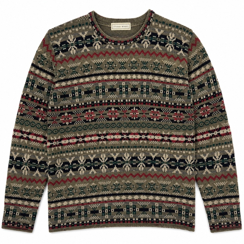 Studio Works Womens Fair Isle Knit Sweater Olive Green Cotton S Cottagecore